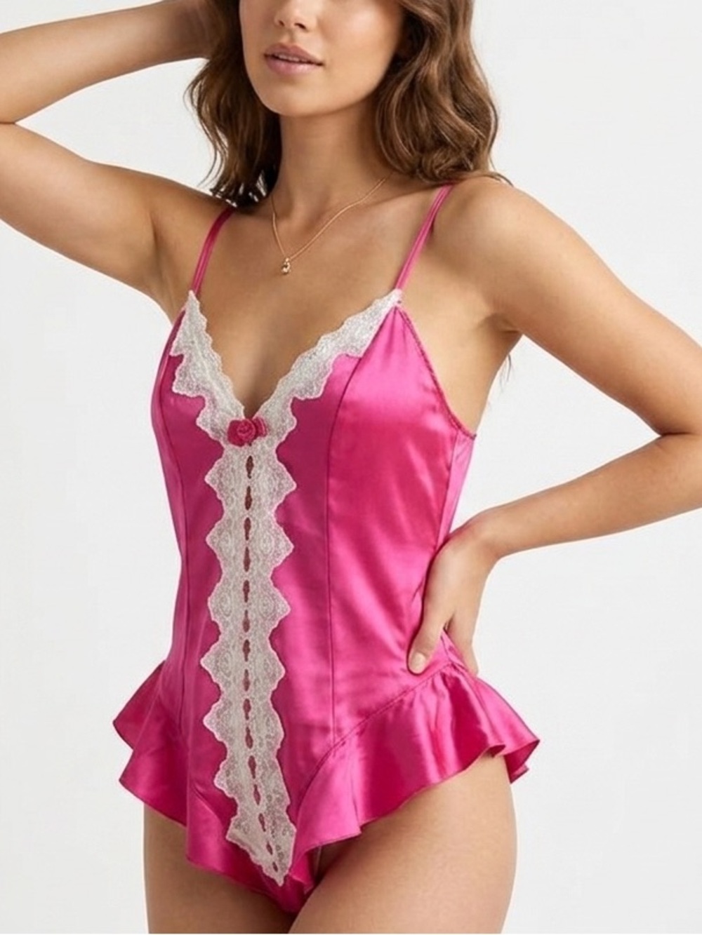 Vintage Victoria's Secret Gold Label Pink Satin Lace Ruffle Teddy Bodysuit M